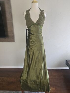 Aspeed Olive Green Halter Maxi Dress with Beaded Waistband